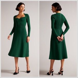 Ted Baker Forest Green Long Sleeve Ribbed Midi Dress Sweetheart Neck Size 0
